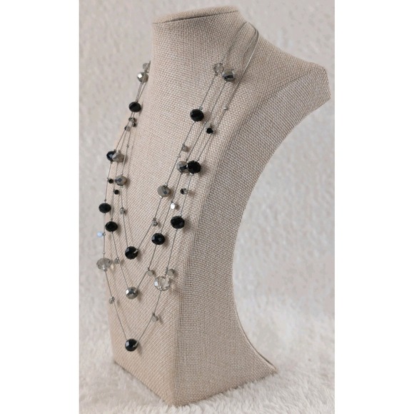Express Jewelry - Express Silver Tone Multi Strand Necklace Black Crystal Beads Logo Charm